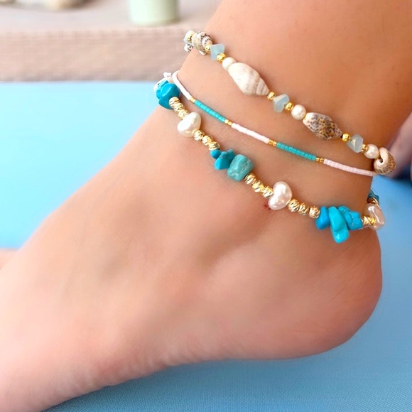 Turquoise and Gold Beaded Anklet Set 3 Pc Set - Picture 1 of 10